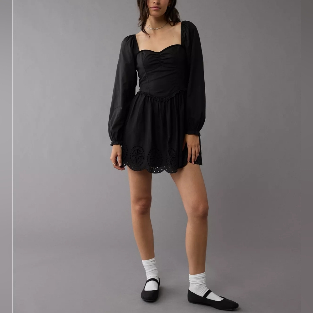 NWOT AE Coquette Long-Sleeve Sweetheart Mini Dress In Black - Size Small